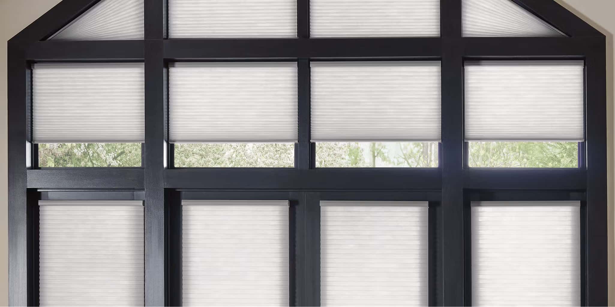 Arch windows with custom made pleated shades filtering in natural light.