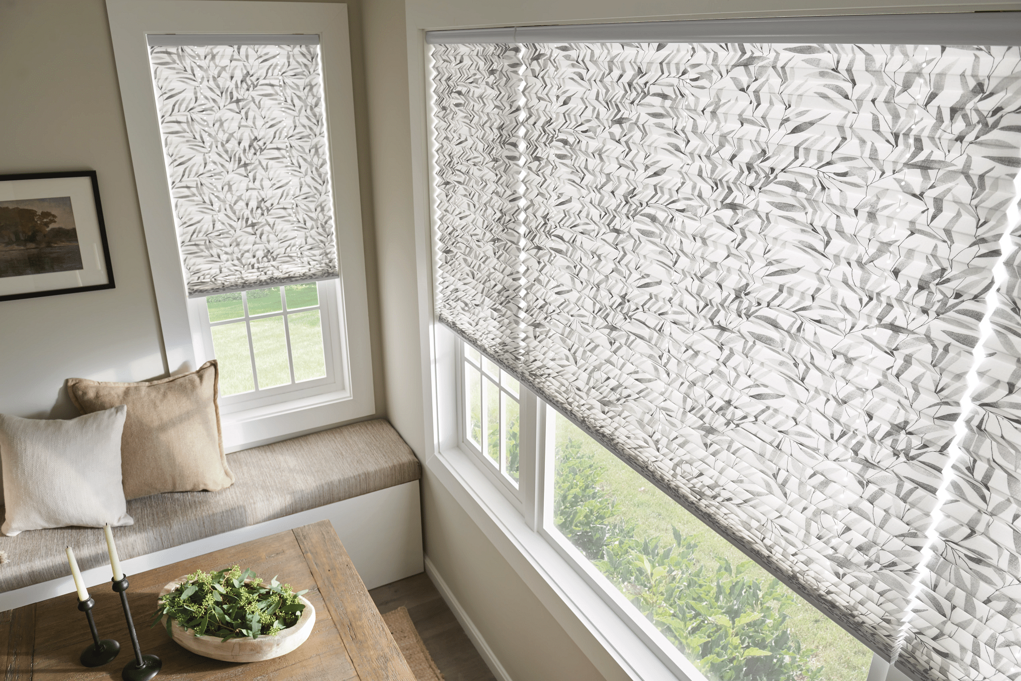 Pleated shades filtering in light into a sleek dining area.